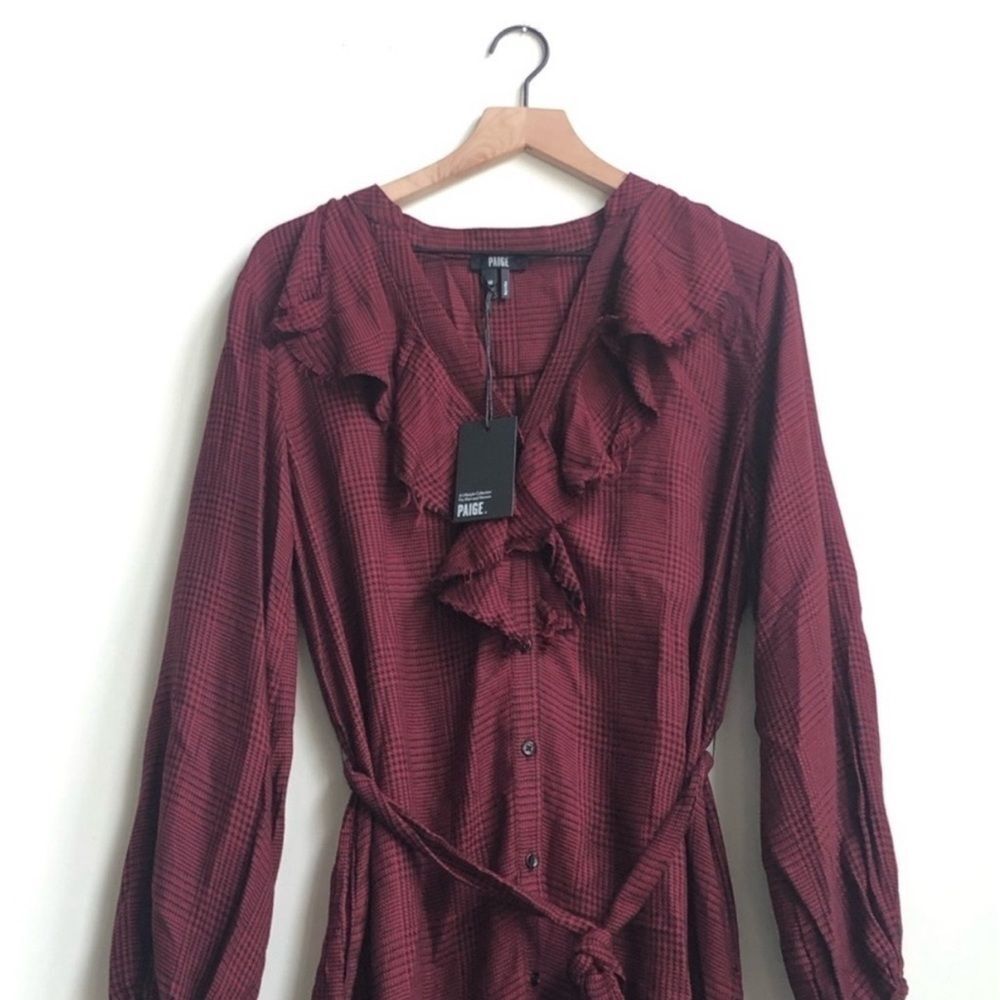 New PAIGE Isabelle Dress Rumba Red houndstooth Check Raw Ruffle button down - Picture 4 of 8